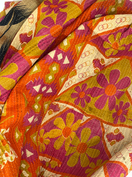 Kantha Quilt Orange Floral